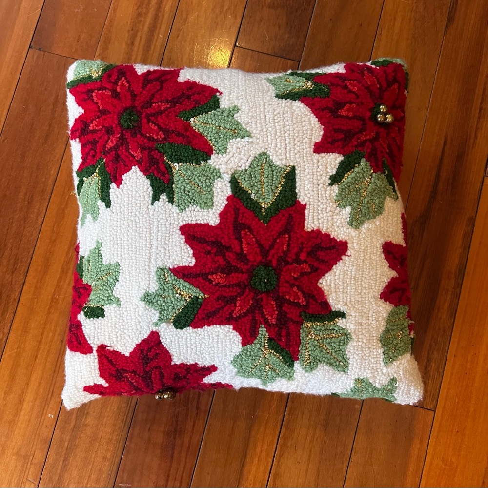 Festive Red and Green Hand Hooked Poinsettia Pillow Holiday Decor Christmas